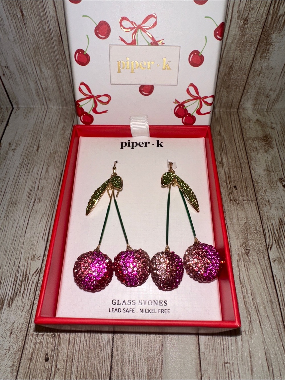 Piper K glass stone cherry drop earrings pink and green bling NIB